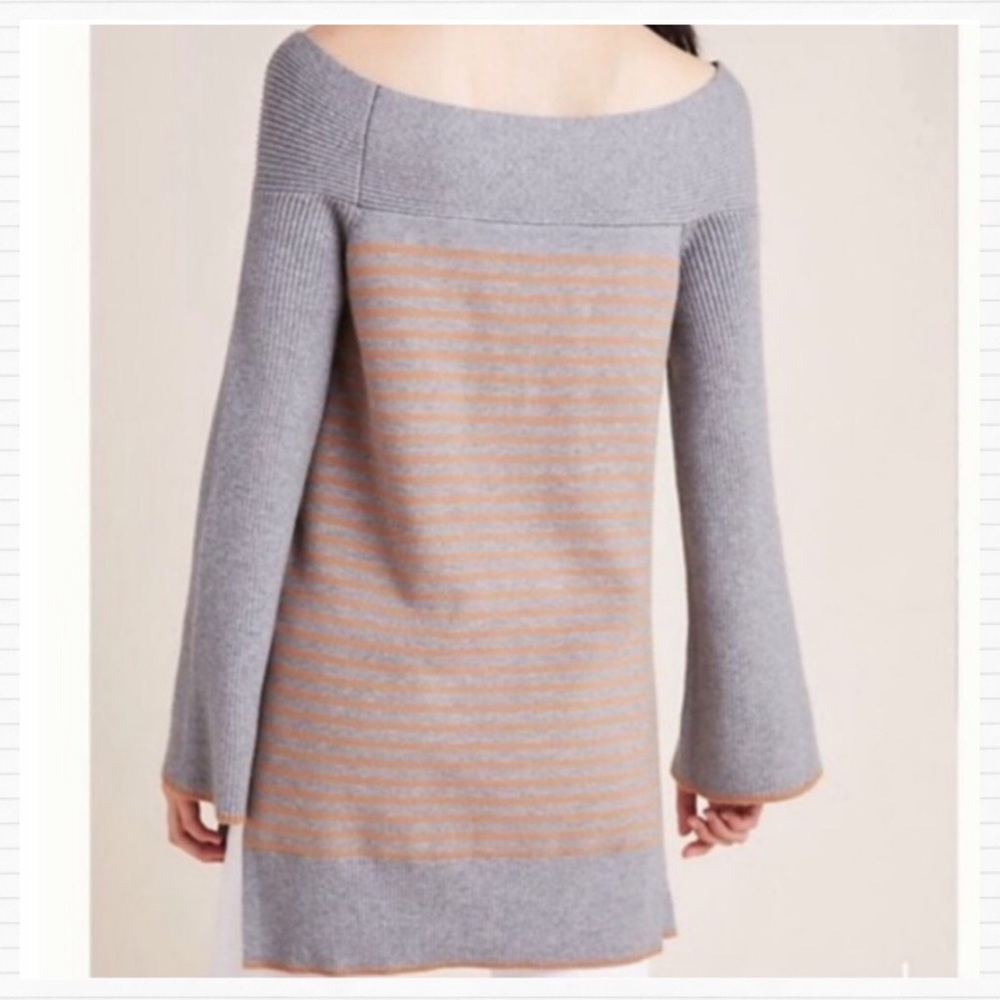 Anthropologie Gray Tan Stripe Off Shoulder Sweater - Picture 5 of 14